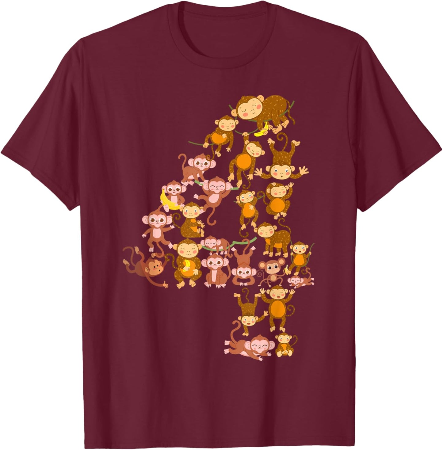 Kids 4th Birthday Monkey Theme 4 Year Old Kid Monkeys Lovers T-Shirt - T-Shirt | Maroon