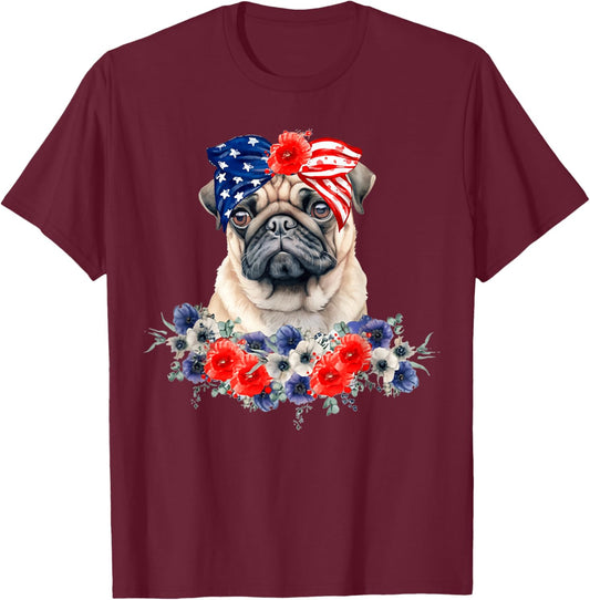 Pug Dog Bandana American Flag 4th Of July Women Kids Men T-Shirt - T-Shirt | Maroon