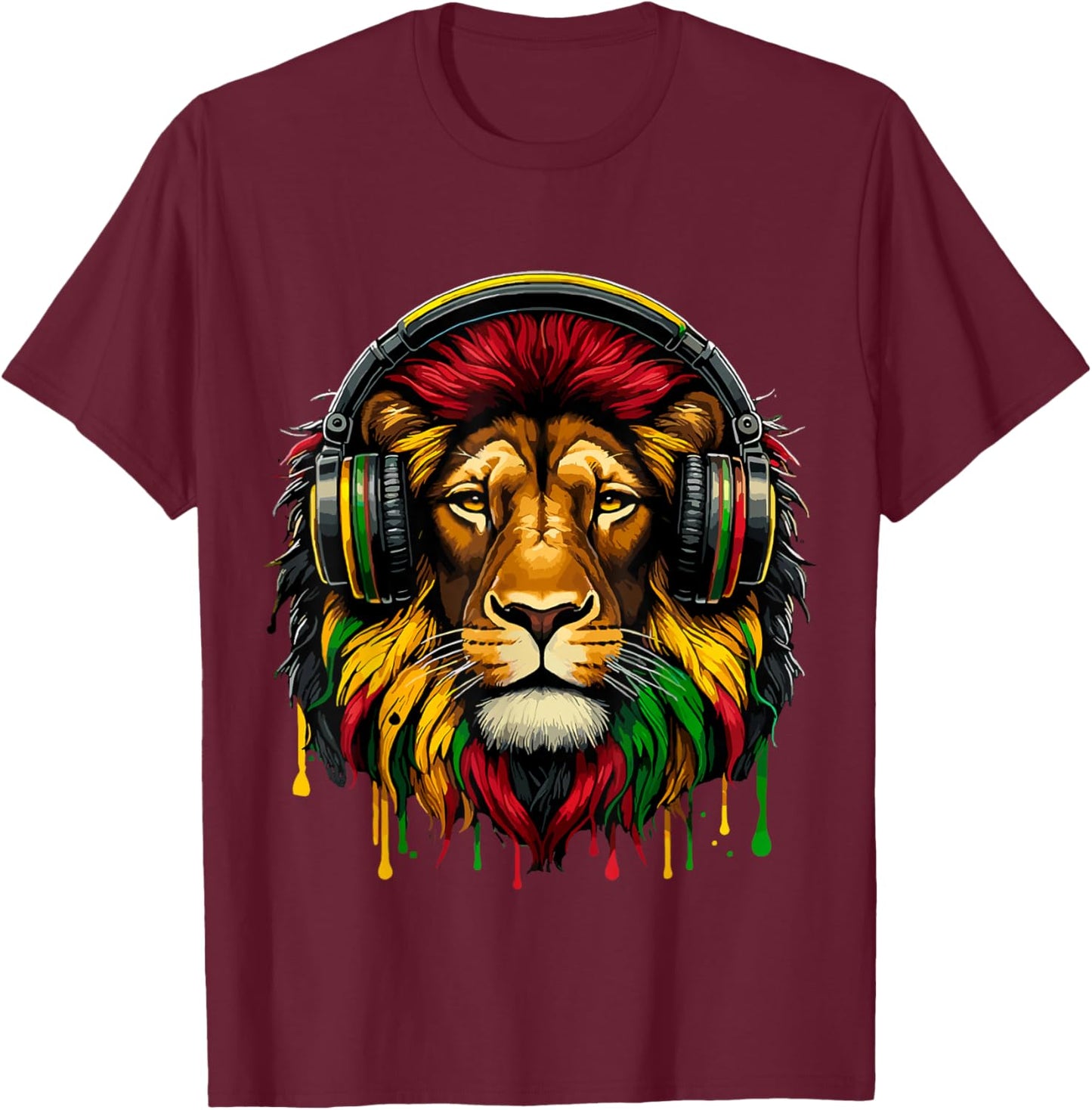 Rasta Raggae Jamaica Music Headphones Lion of Judah T-Shirt - T-Shirt | Maroon