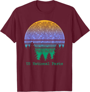 National Parks List Word Cloud Sunset Trees Men Women Kids T-Shirt - T-Shirt | Maroon