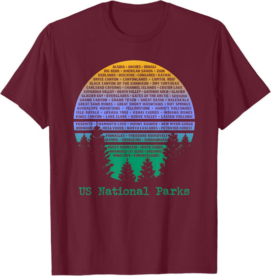 National Parks List Word Cloud Sunset Trees Men Women Kids T-Shirt - T-Shirt | Maroon