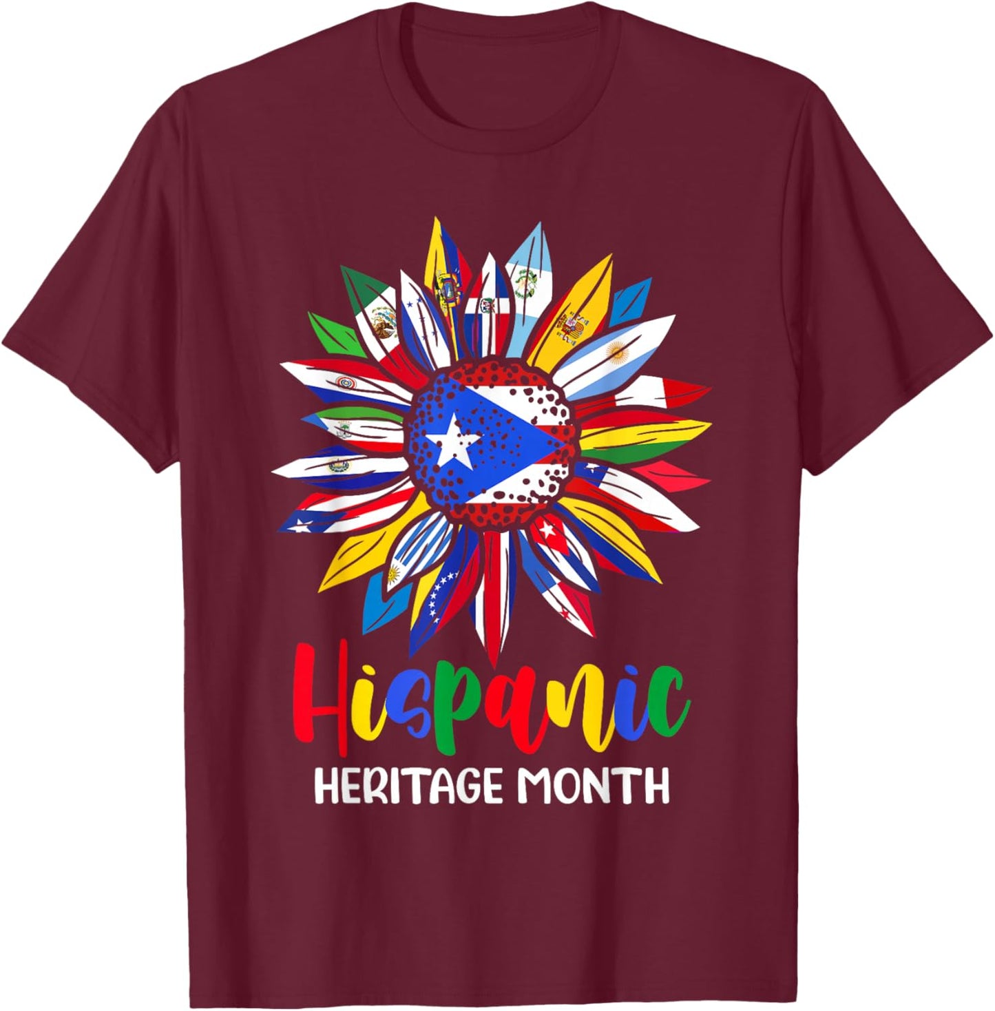Hispanic Heritage Month Puerto Rico Flag Sunflower Latino T-Shirt - T-Shirt | Maroon