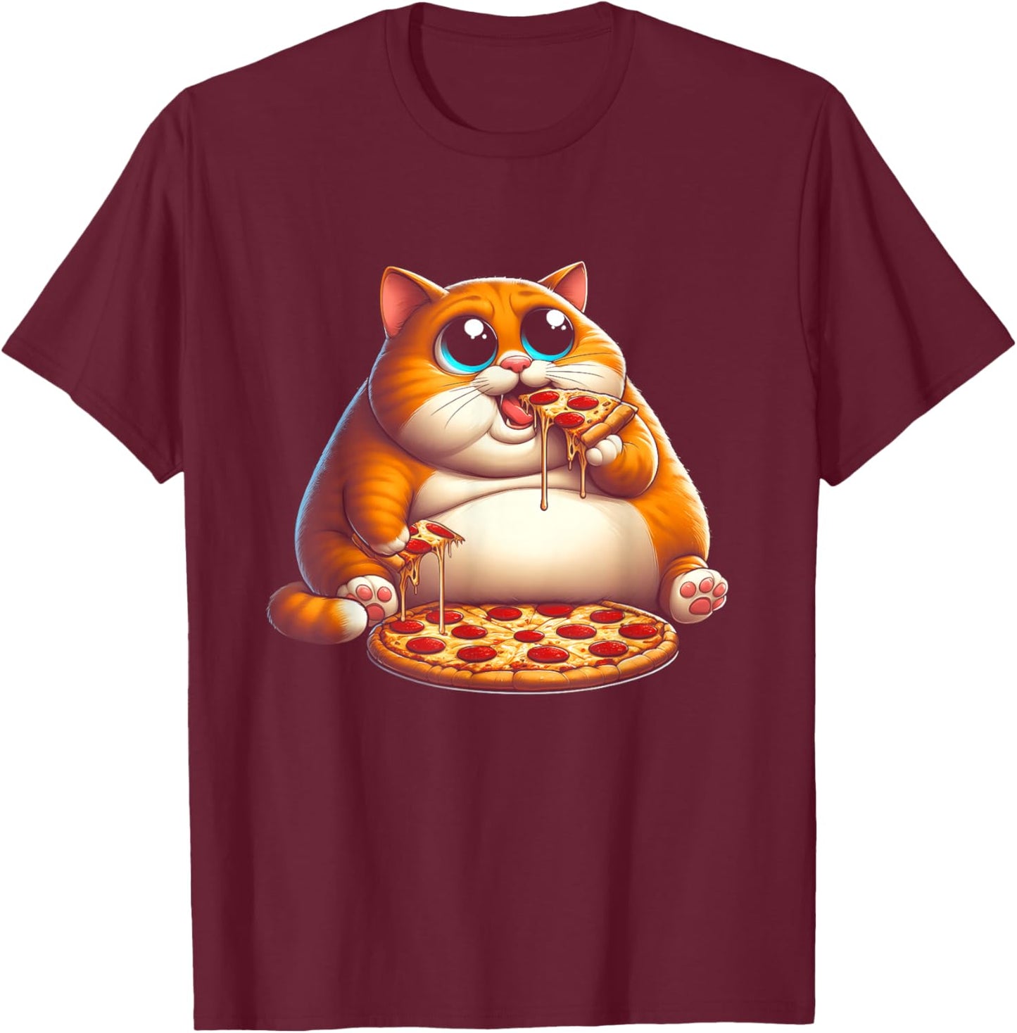 Funny Fat Cat Eating Pizza Fast Food Art Meme Animal Lover T-Shirt - T-Shirt | Maroon