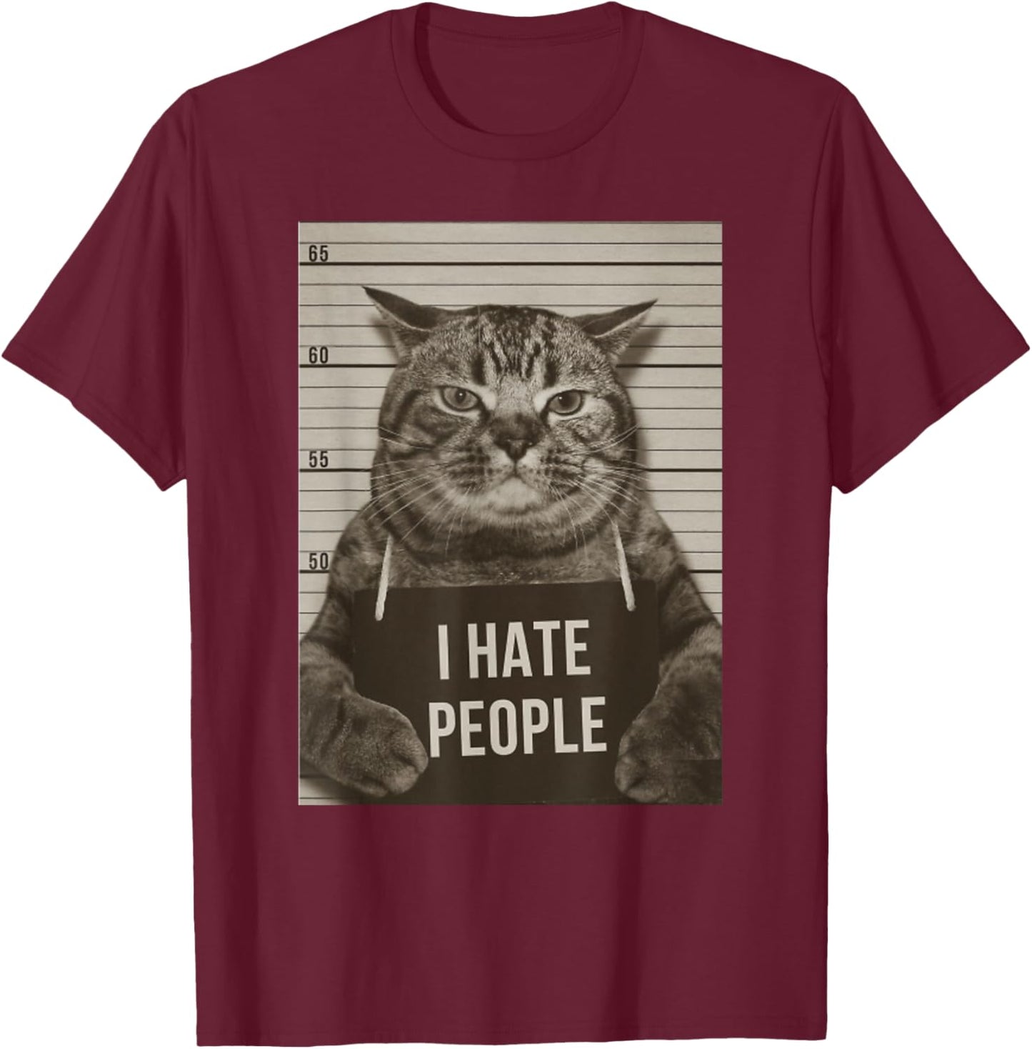 Funny Cat Police Mugshot I Hate People T-Shirt - T-Shirt | Maroon