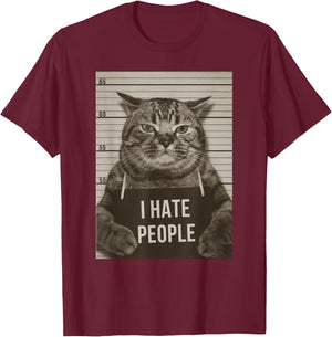 Funny Cat Police Mugshot I Hate People T-Shirt - T-Shirt | Maroon
