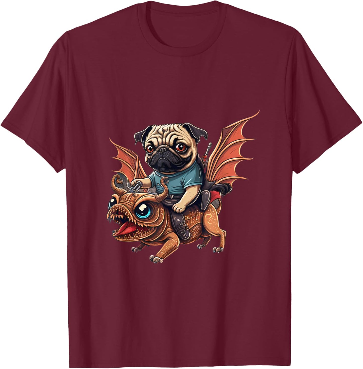 Cute Pug Riding On A Dragon T-Shirt - T-Shirt | Maroon