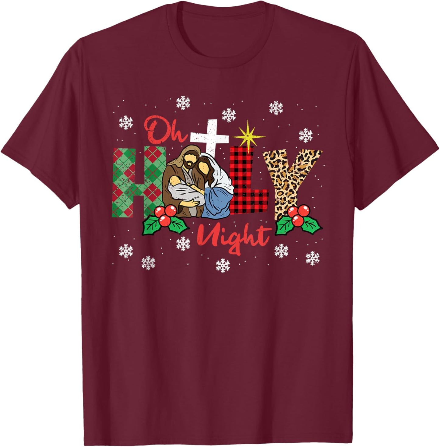 Oh Holy Night Christmas Pajama X-Mas Plaid Christian T-Shirt - T-Shirt | Maroon