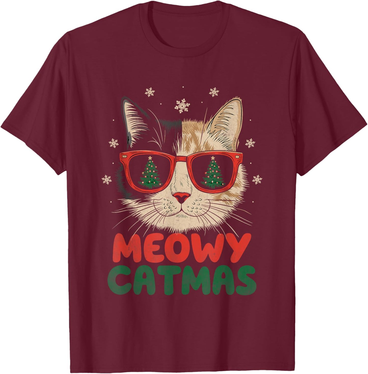 Meowy Catmas Christmas Cat Lover Snowflakes X-mas Holiday Women Kids T-Shirt - T-Shirt | Maroon