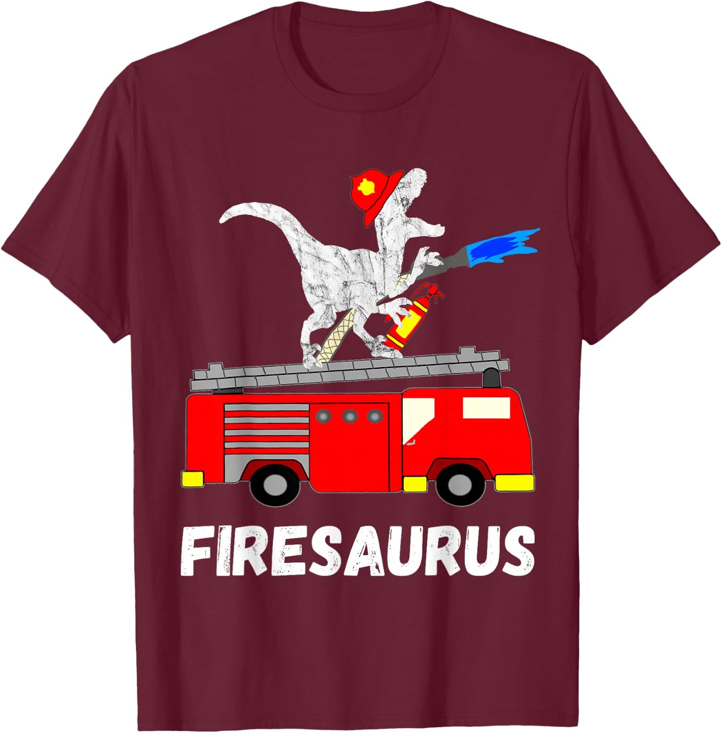 Fire Fighter Saurus Firetruck Fireman Dinosaur T Rex T-Shirt - T-Shirt | Maroon