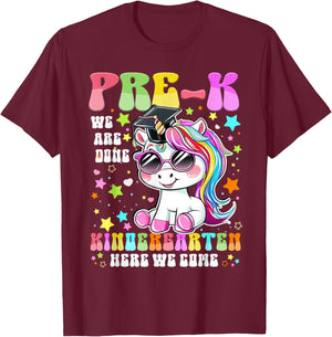 Pre-K Graduation 2025 Cute Unicorn Kindergarten Here I Come T-Shirt - T-Shirt | Maroon