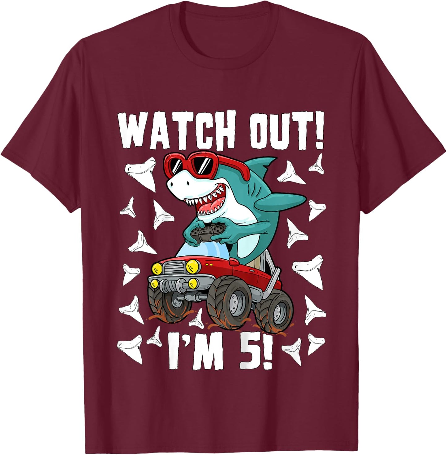 5 Years Old 5th Birthday Shark Boy Girl Monster Truck Gamer T-Shirt - T-Shirt | Maroon