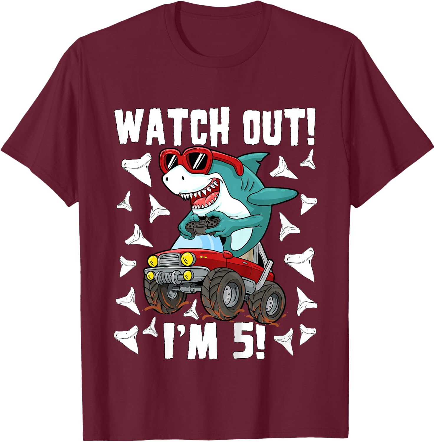 5 Years Old 5th Birthday Shark Boy Girl Monster Truck Gamer T-Shirt - T-Shirt | Maroon