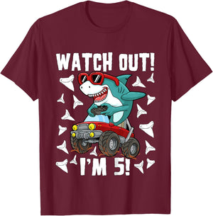 5 Years Old 5th Birthday Shark Boy Girl Monster Truck Gamer T-Shirt - T-Shirt | Maroon