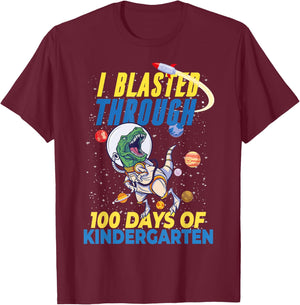100 Days of Kindergarten Astronaut Dinosaur Kids Teachers T-Shirt - T-Shirt | Maroon