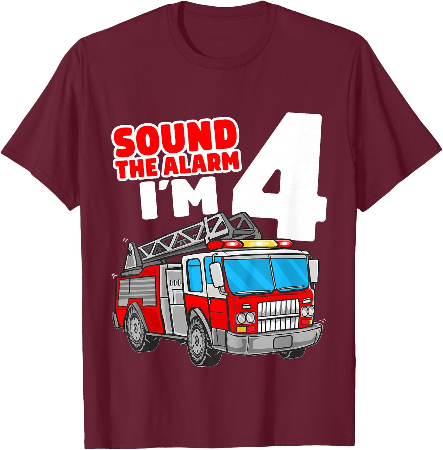 Kids Fire Truck 4 Year Old Firefighter Four 4th Birthday Boy T-Shirt - T-Shirt | Maroon