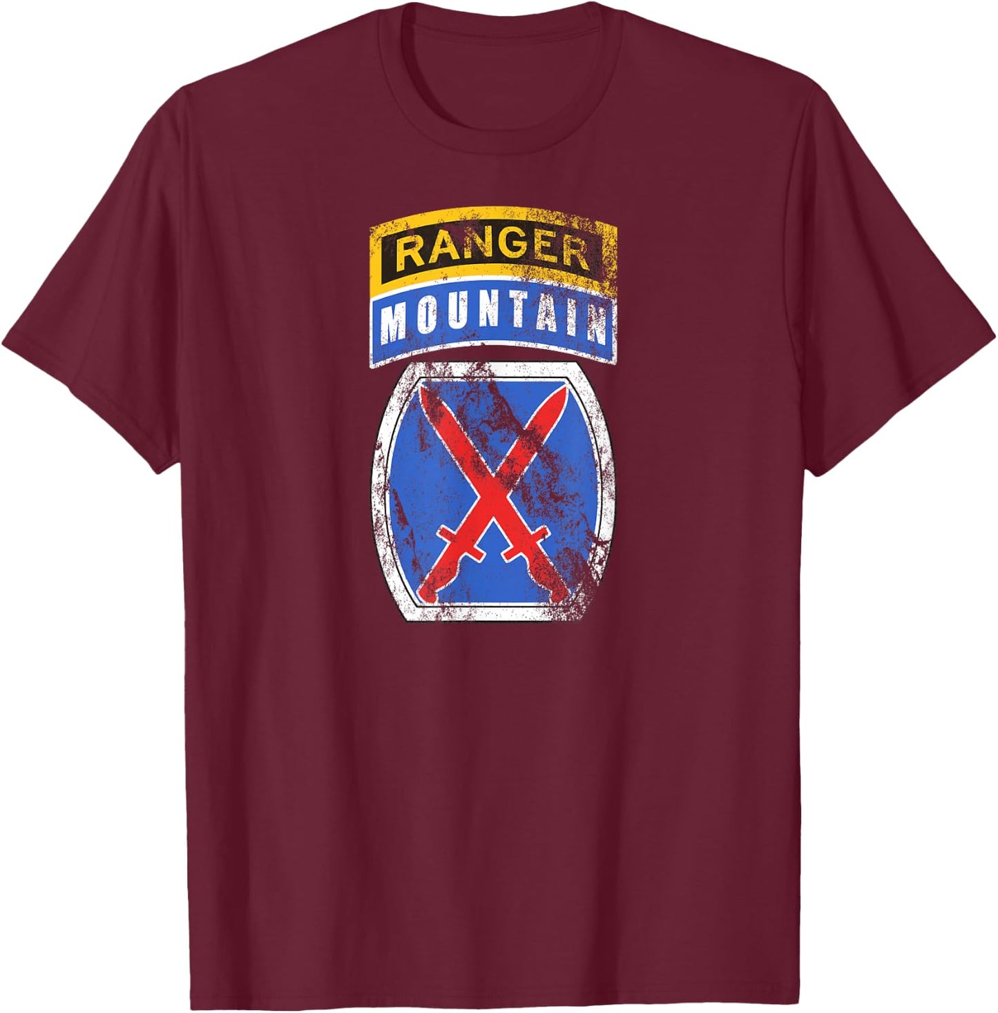 10th Mountain (MTN) Division Patch Ranger Tab Distressed T-Shirt - T-Shirt | Maroon