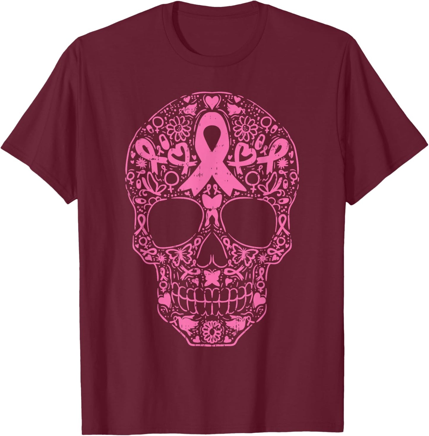 Sugar Skull Pink Ribbon Calavera Breast Cancer Awareness T-Shirt - T-Shirt | Maroon