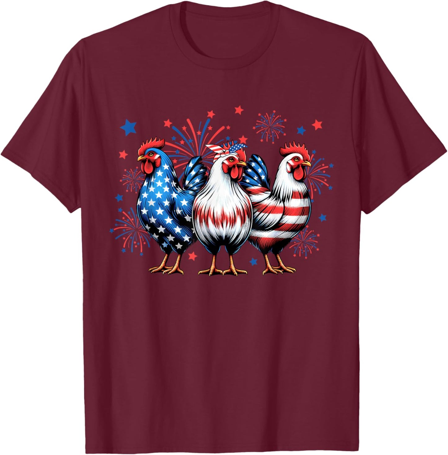 Patriotic Firework Red White Blue Chicken USA Flag July 4th T-Shirt - T-Shirt | Maroon