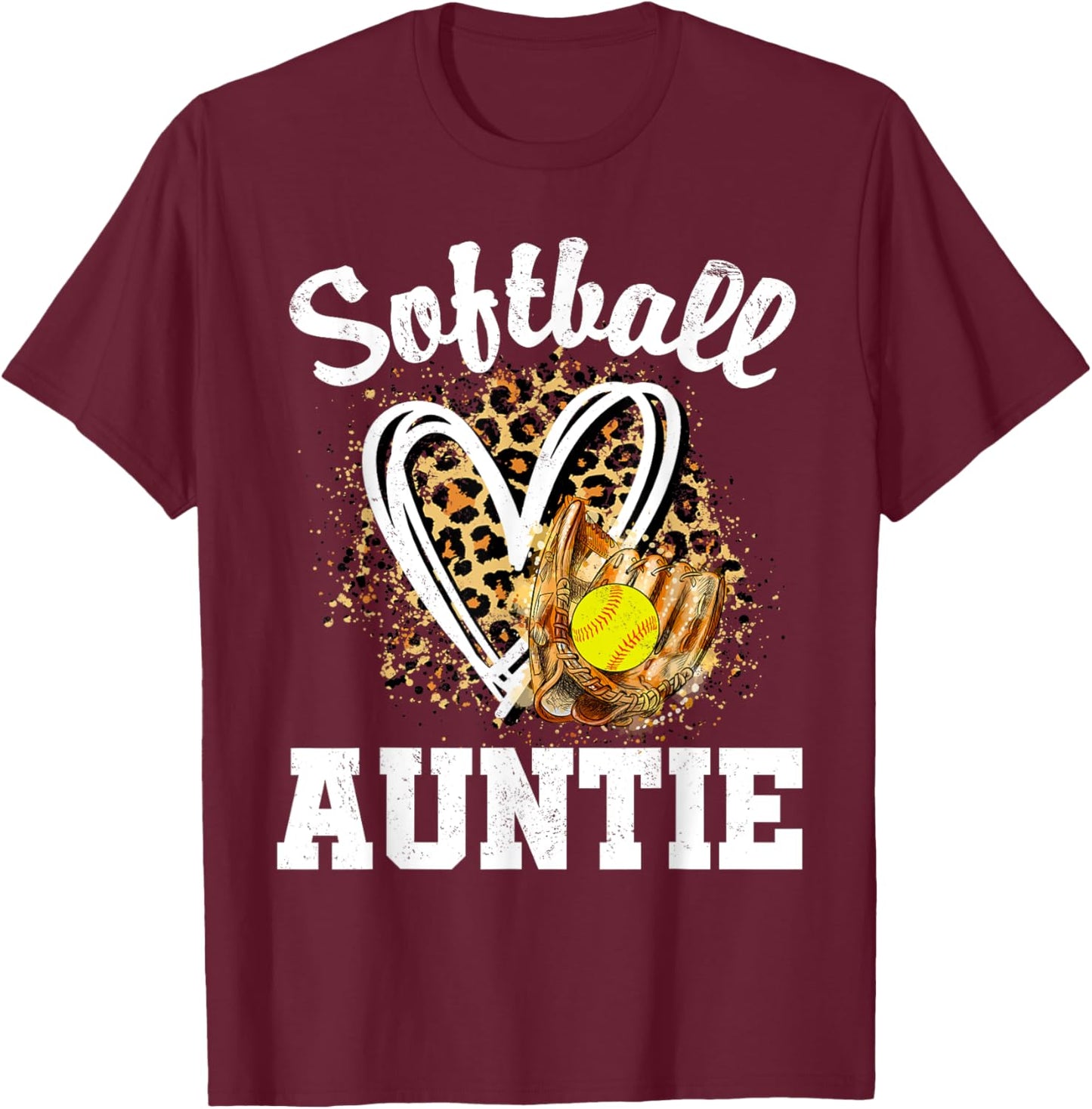 Softball Auntie Leopard Heart Matching Family T-Shirt - T-Shirt | Maroon
