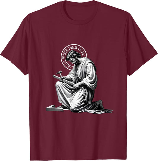 Saint Catholic Church St. Joseph The Worker Jesus Father T-Shirt - T-Shirt | Maroon