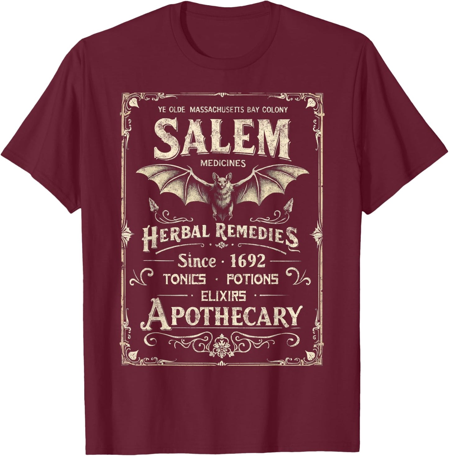 Vintage Salem 1692 Medicines Apothecary Funny Halloween T-Shirt - T-Shirt | Maroon
