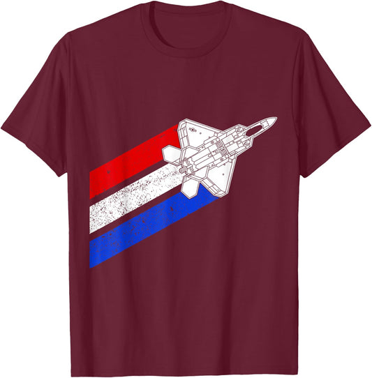 F-22 Raptor Airplane USA Contrails Red White Blue F22 T-Shirt - T-Shirt | Maroon