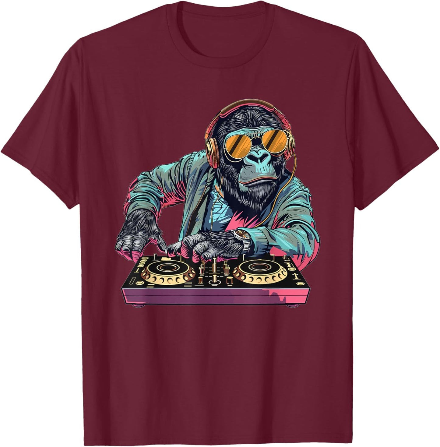Cartoon Gorilla DJ T-Shirt - T-Shirt | Maroon