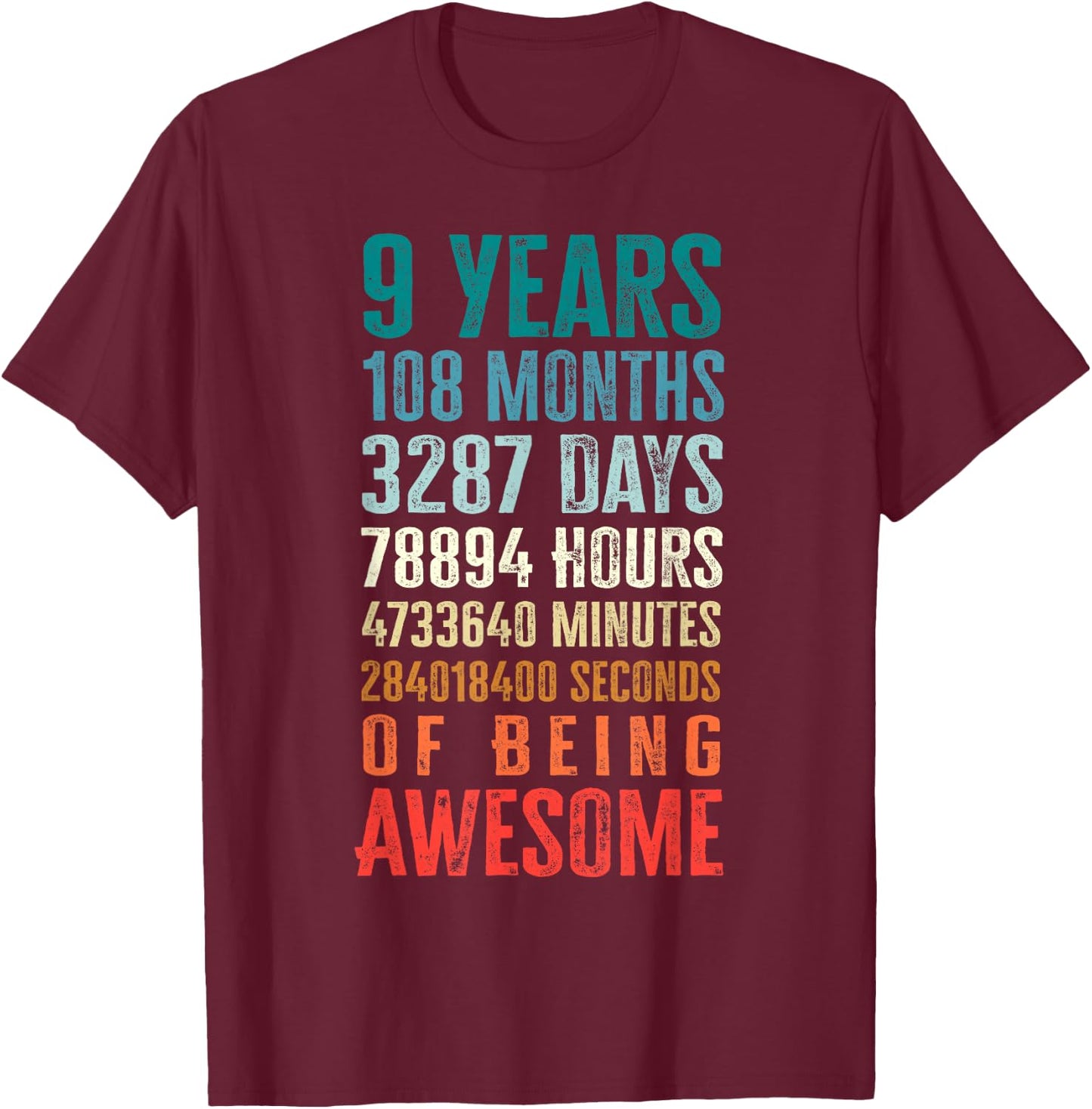 9 Years 108 Months of Being Awesome Happy 9th Birthday Gifts T-Shirt - T-Shirt | Maroon