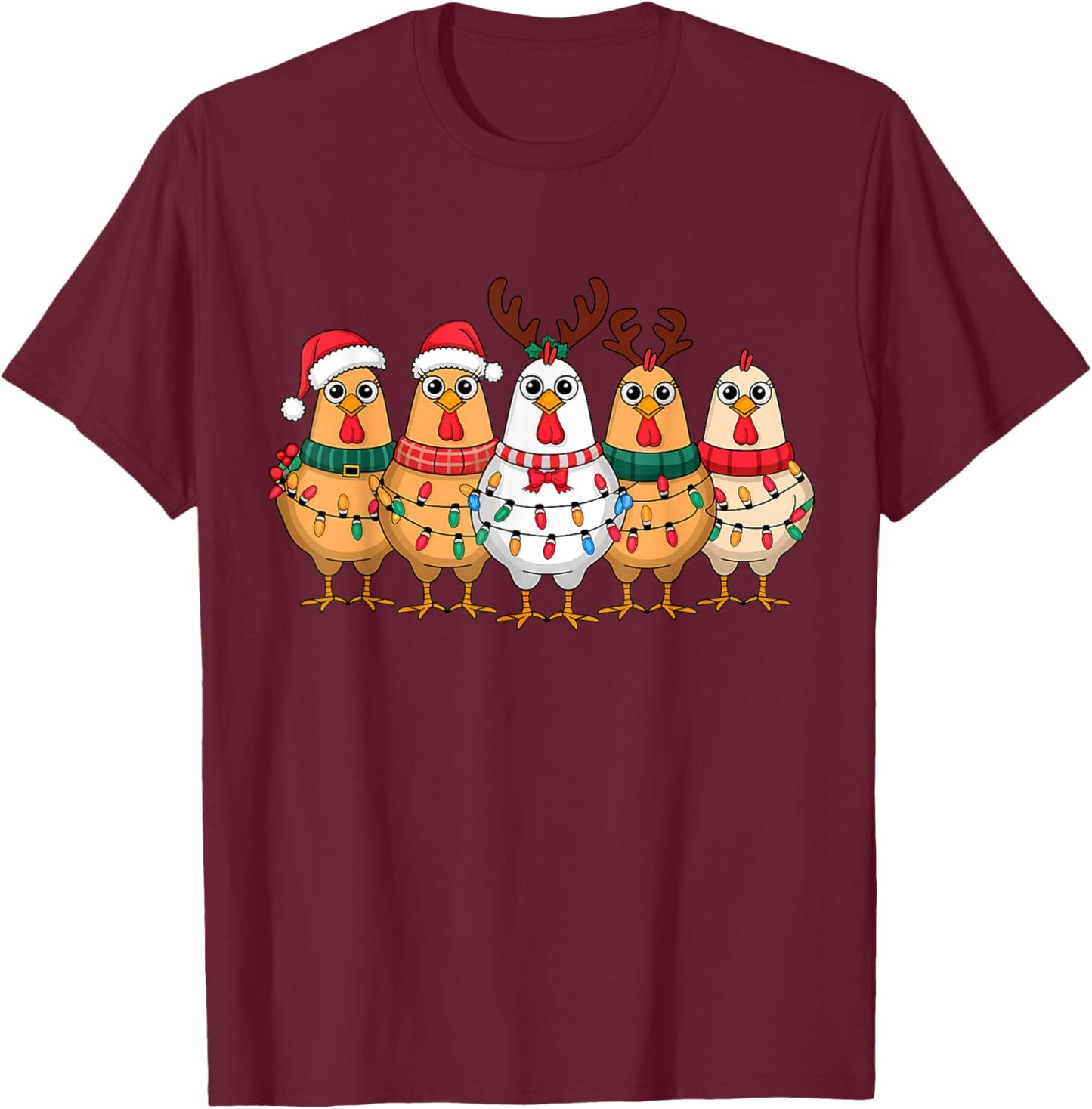 Funny Chicken Christmas Lights Farm Animal Cute Xmas Holiday T-Shirt - T-Shirt | Maroon