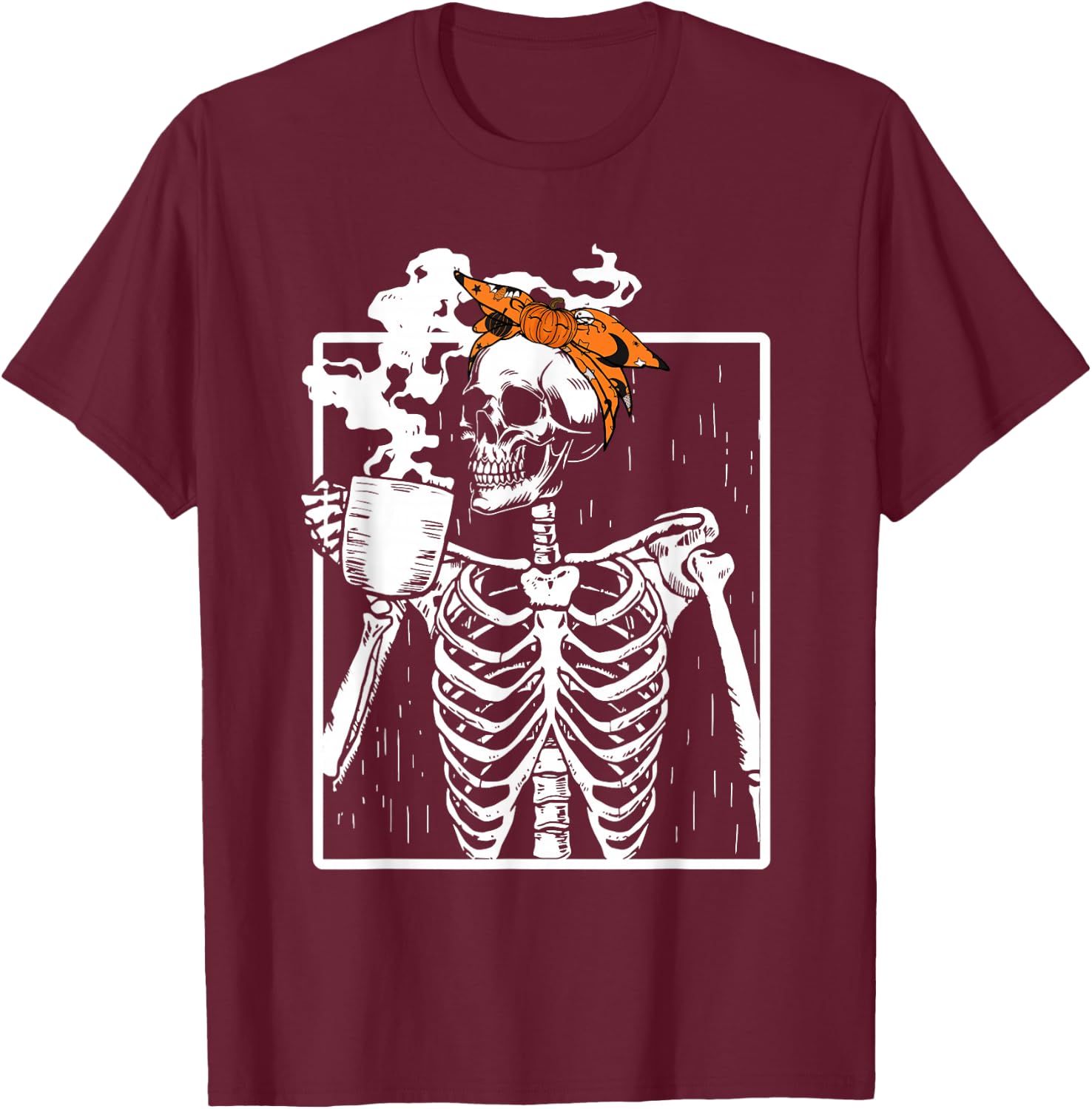 Coffee Drinking Skeleton DIY Halloween Messy Bun Women Girl T-Shirt - T-Shirt | Maroon