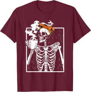 Coffee Drinking Skeleton DIY Halloween Messy Bun Women Girl T-Shirt - T-Shirt | Maroon