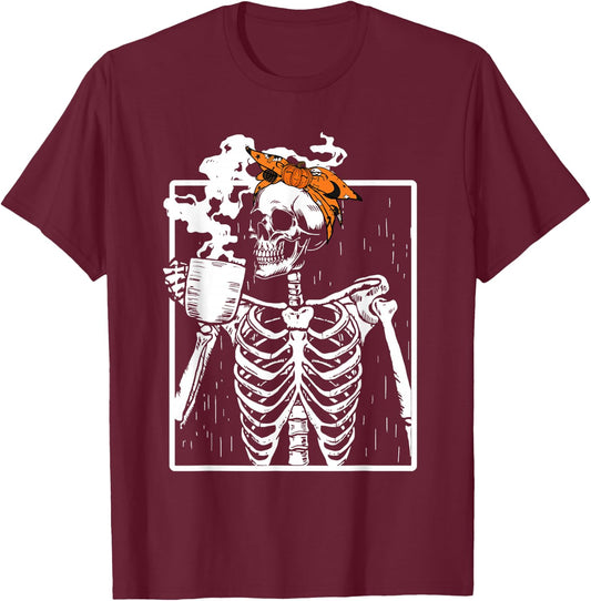 Coffee Drinking Skeleton DIY Halloween Messy Bun Women Girl T-Shirt - T-Shirt | Maroon