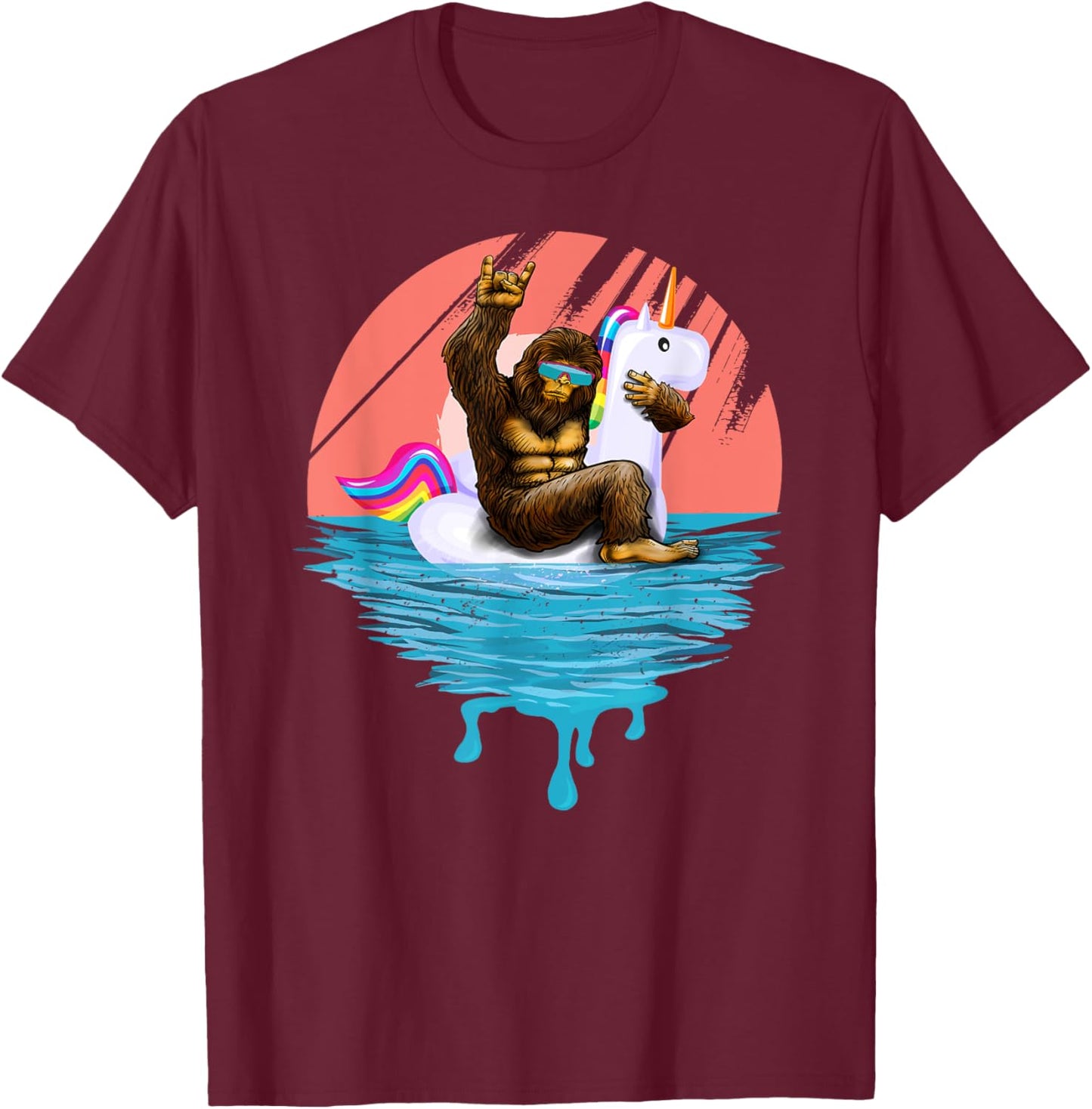 Sasquatch Riding Unicorn Floaty Pool Party Outfit Bigfoot T-Shirt - T-Shirt | Maroon