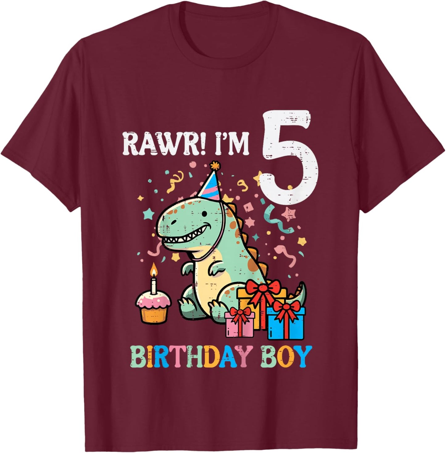 Kids Rawr Im 5 Dinosaur Birthday Boy Cute 5th Bday Trex Boys Kids T-Shirt - T-Shirt | Maroon