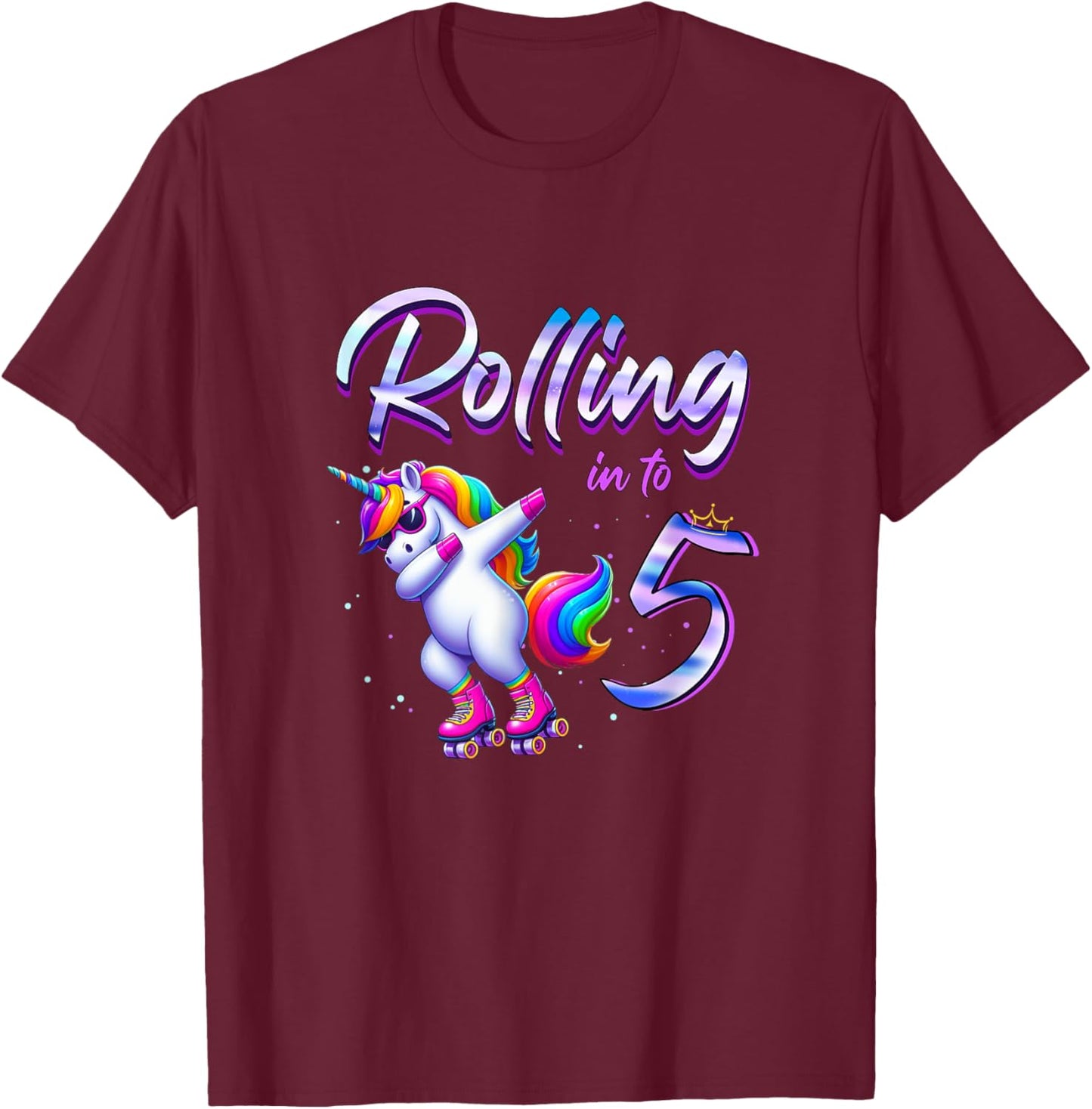 Rolling into 5 Roller Skating Unicorn 5th Birthday Party T-Shirt - T-Shirt | Maroon