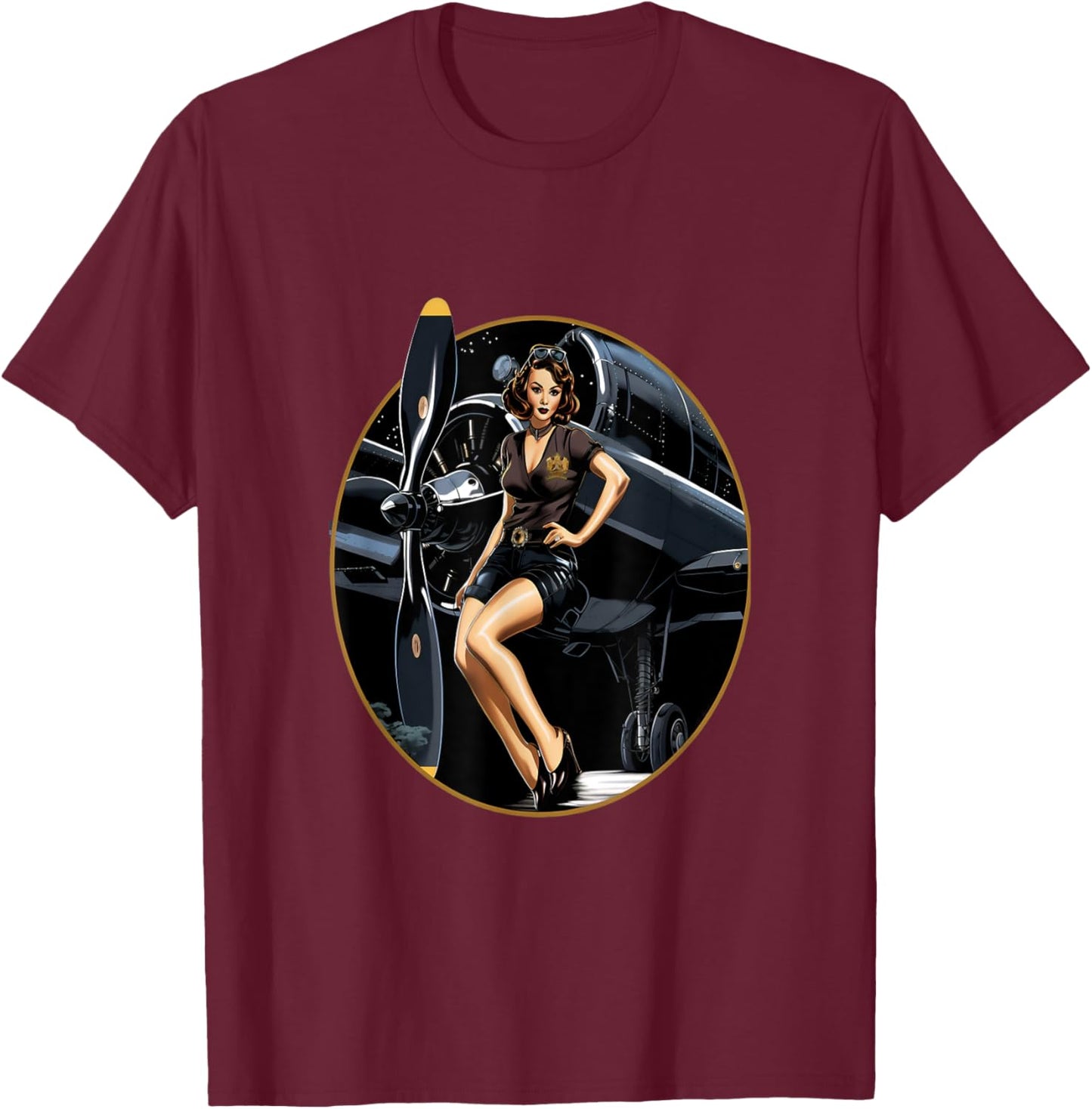 Pinup Girl Warbird Military Aircraft Aviation T-Shirt - T-Shirt | Maroon