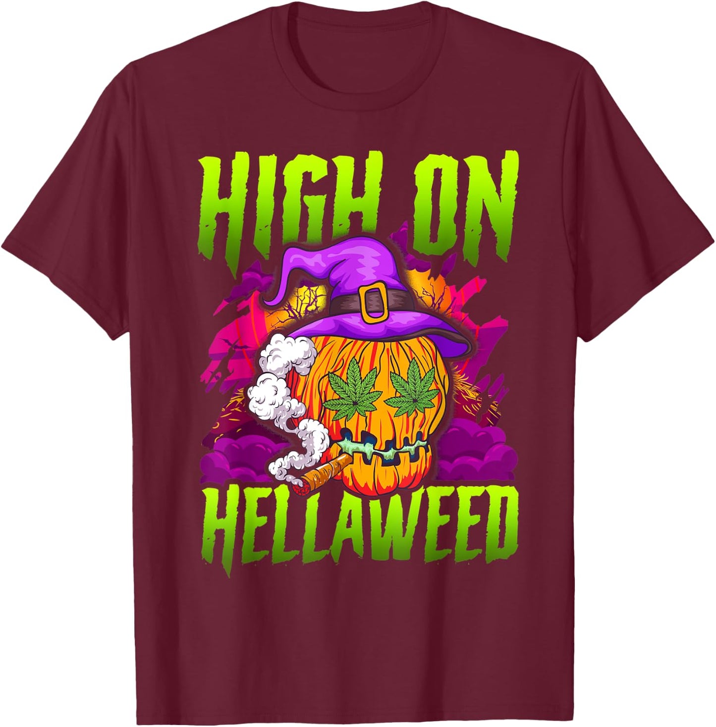Halloween Pumpkin Stoner Weed Joint Smoking T-Shirt - T-Shirt | Maroon