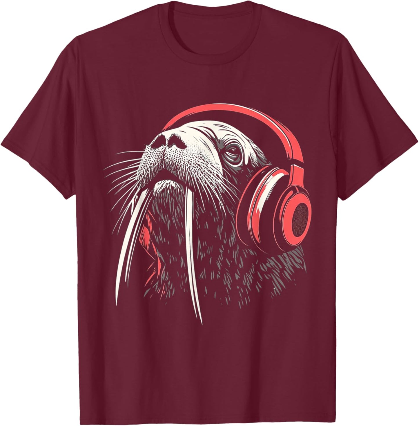 Walrus Animal Motif Music Headphone Illustration Walrus T-Shirt - T-Shirt | Maroon