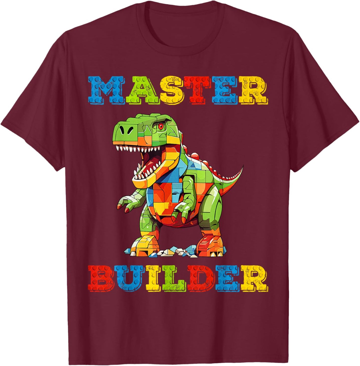 Master Builder Kids Building Blocks Toy T-Rex Dinosaur Lover T-Shirt - T-Shirt | Maroon