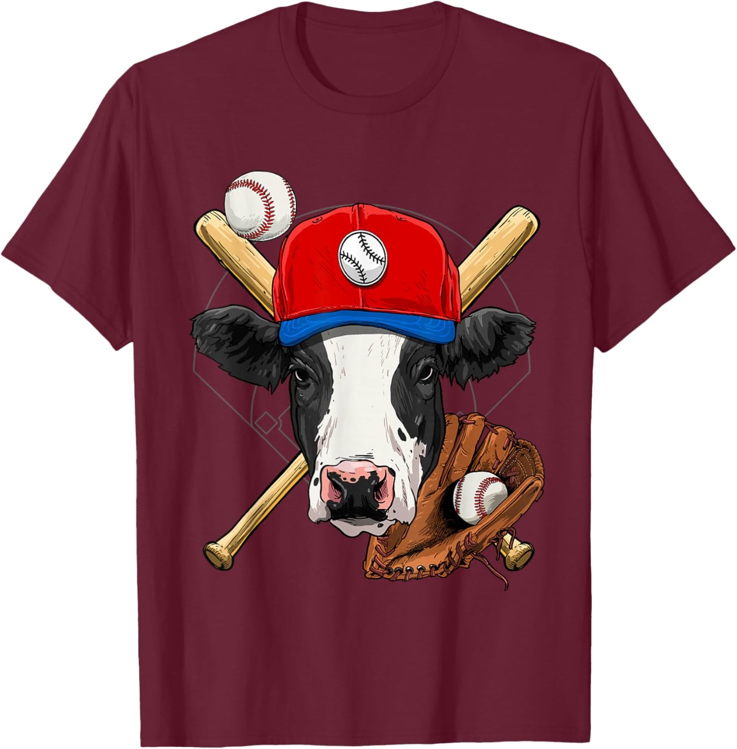 Cow Baseball Cow Lovers Baseball Player T-Shirt - T-Shirt | Maroon