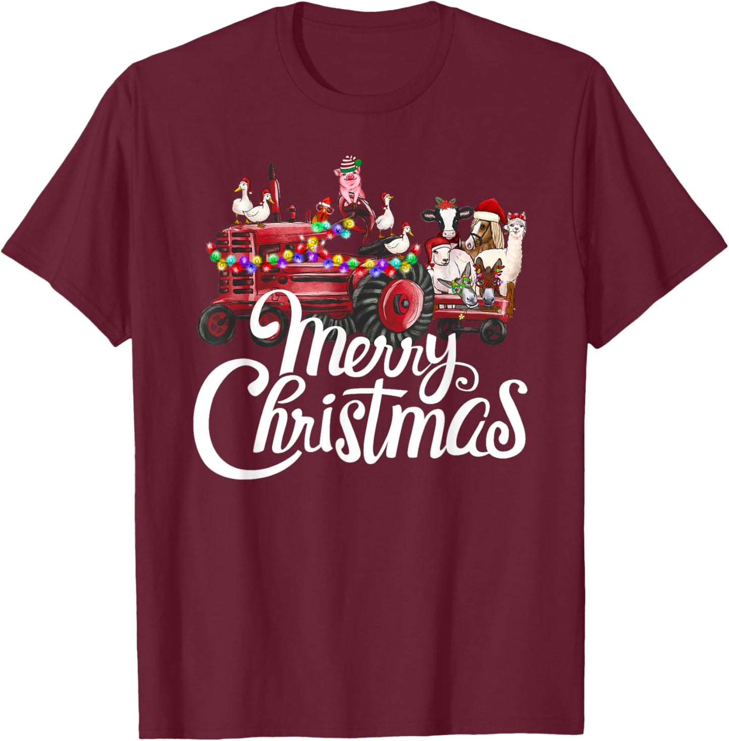 Merry Christmas cute Christmas Farm animal Truck T-Shirt - T-Shirt | Maroon