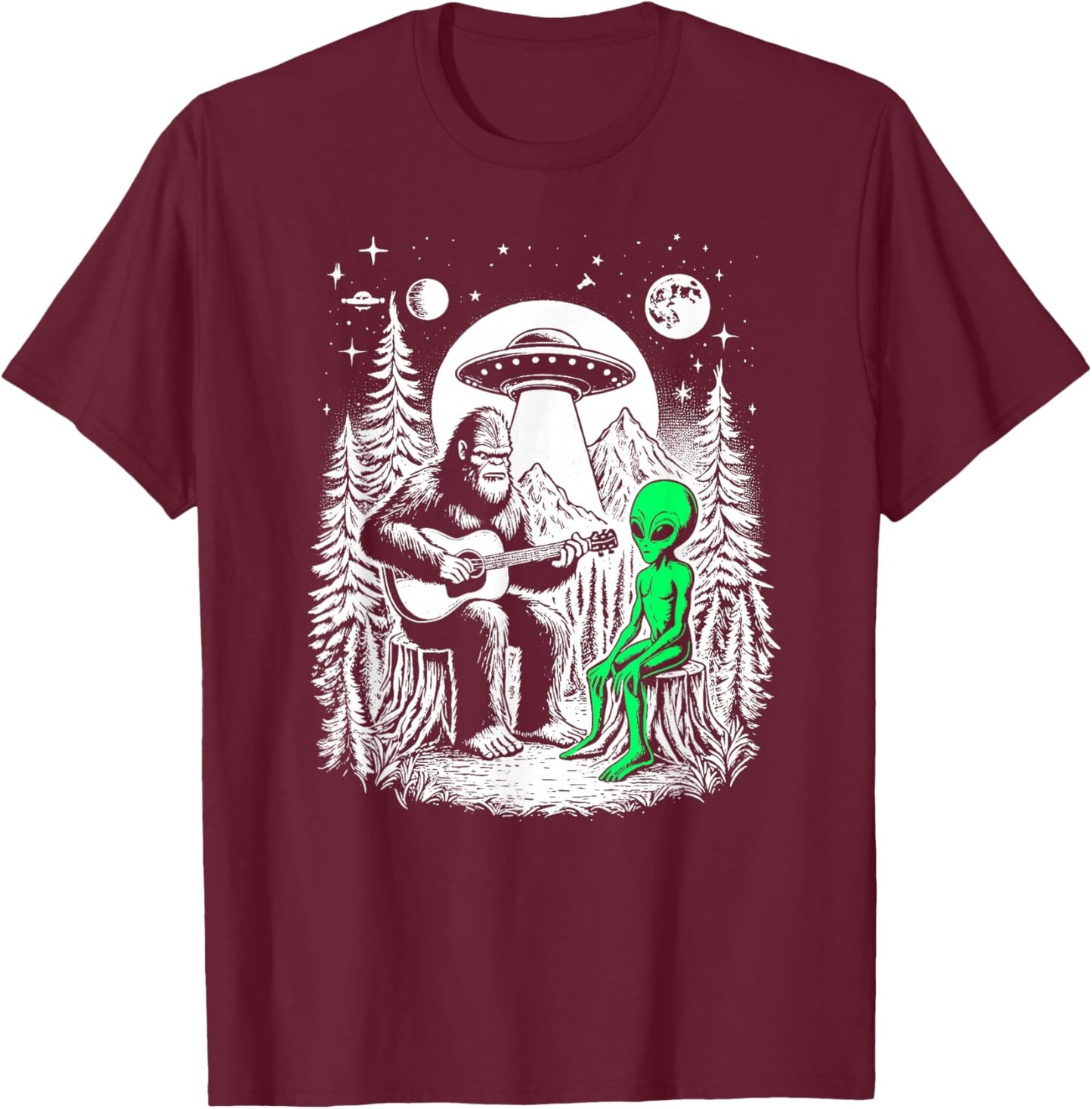 Bigfoot Plays Guitar Sasquatch Camping Big Foot UFO Alien T-Shirt - T-Shirt | Maroon