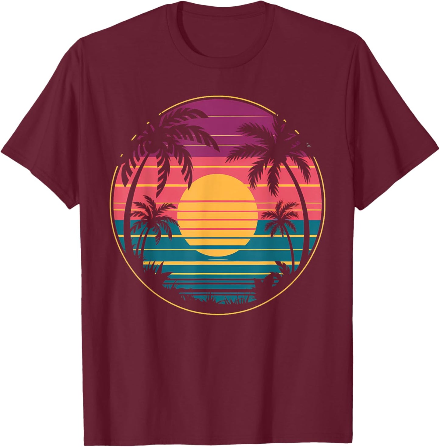Retro 80s Vaporwave Aesthetic Palm Trees Sunset 90s Art T-Shirt - T-Shirt | Maroon