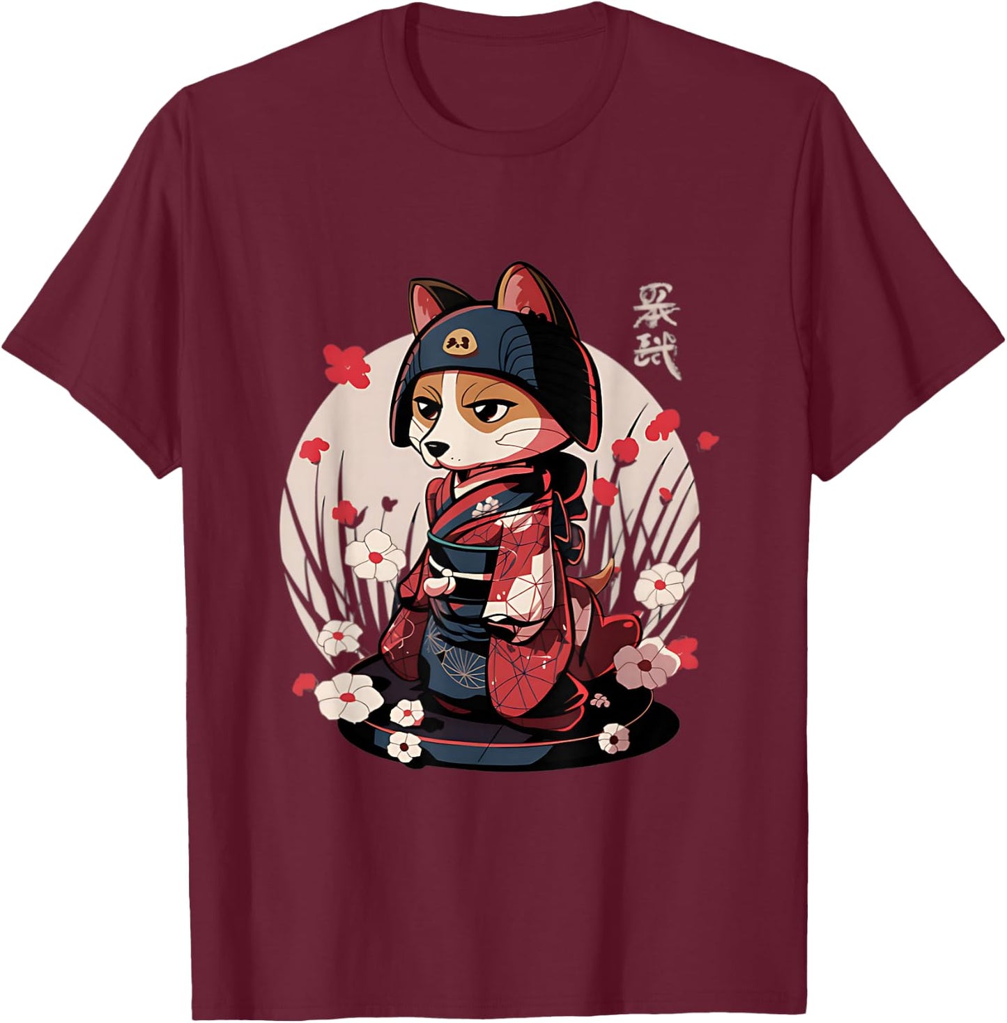 Japanese Samurai Dog Tattoo Kawaii Ninja Dog T-Shirt - T-Shirt | Maroon