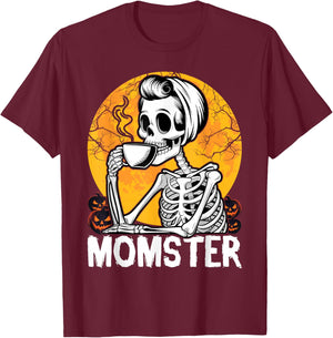 Momster Skeleton Woman Coffee Funny Halloween Mom Mama Women T-Shirt - T-Shirt | Maroon