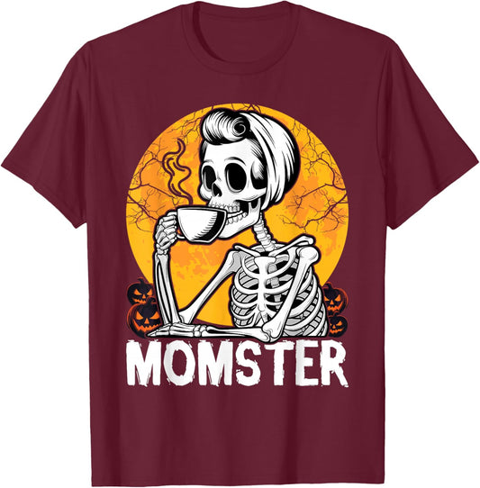 Momster Skeleton Woman Coffee Funny Halloween Mom Mama Women T-Shirt - T-Shirt | Maroon