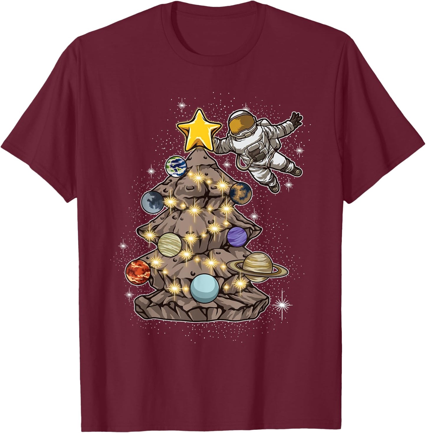 Astronaut Decorates A Christmas Tree In Space - Xmas Gift T-Shirt - T-Shirt | Maroon
