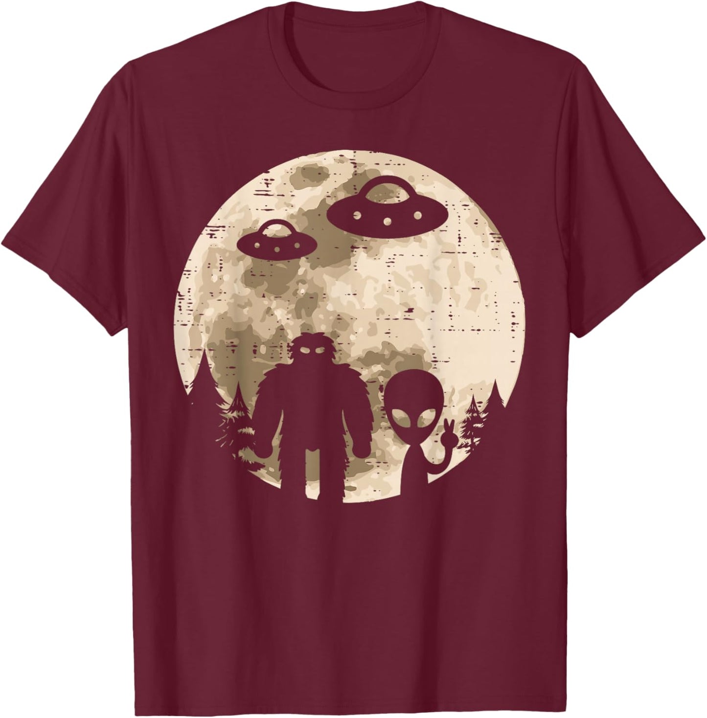 Alien UFO Bigfoot Moon Funny Sasquatch Yeti Men Women Kids T-Shirt - T-Shirt | Maroon