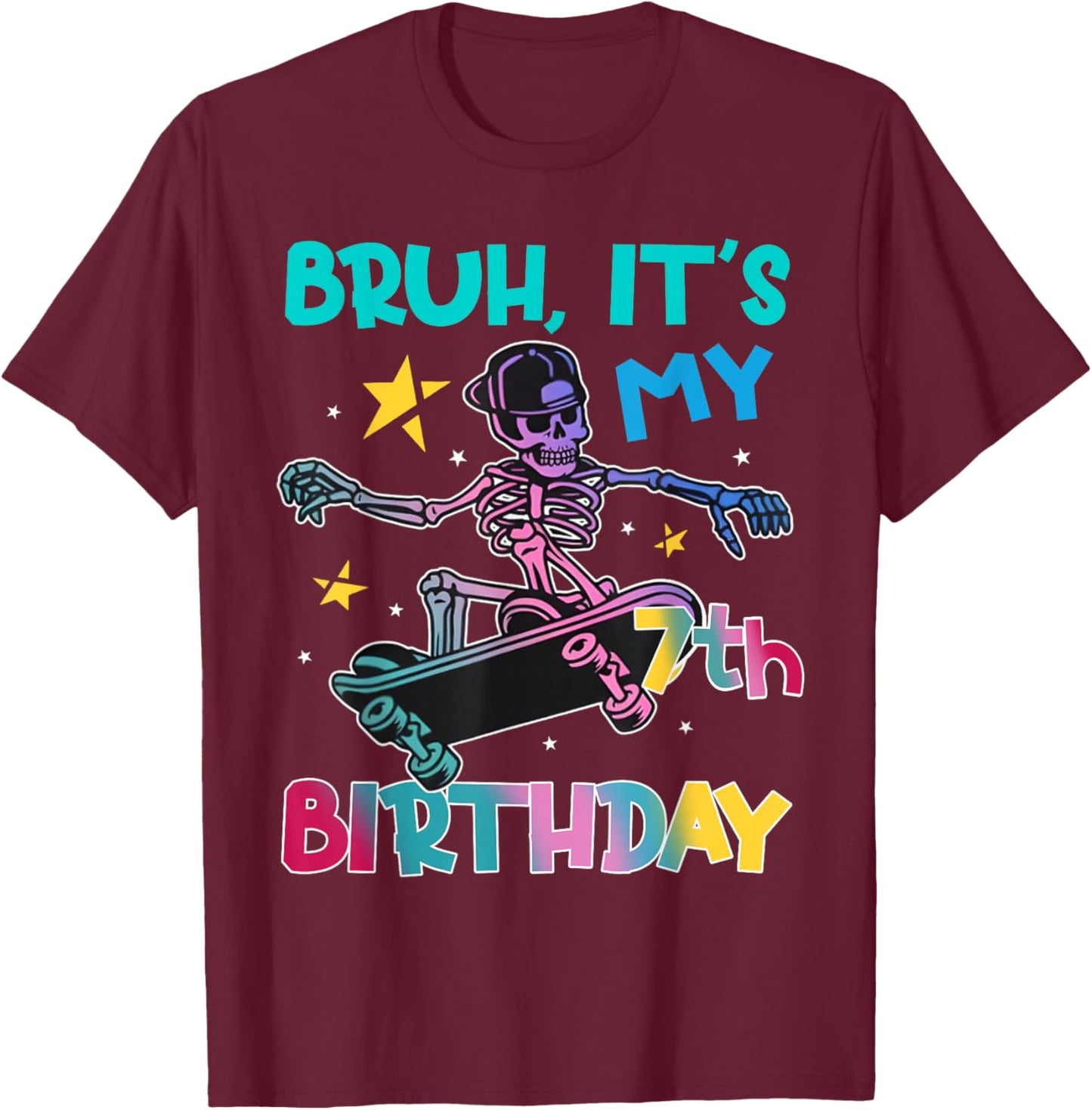 7th Birthday Skeleton Skateboard Skater Boys Kids 7 Year Old T-Shirt - T-Shirt | Maroon