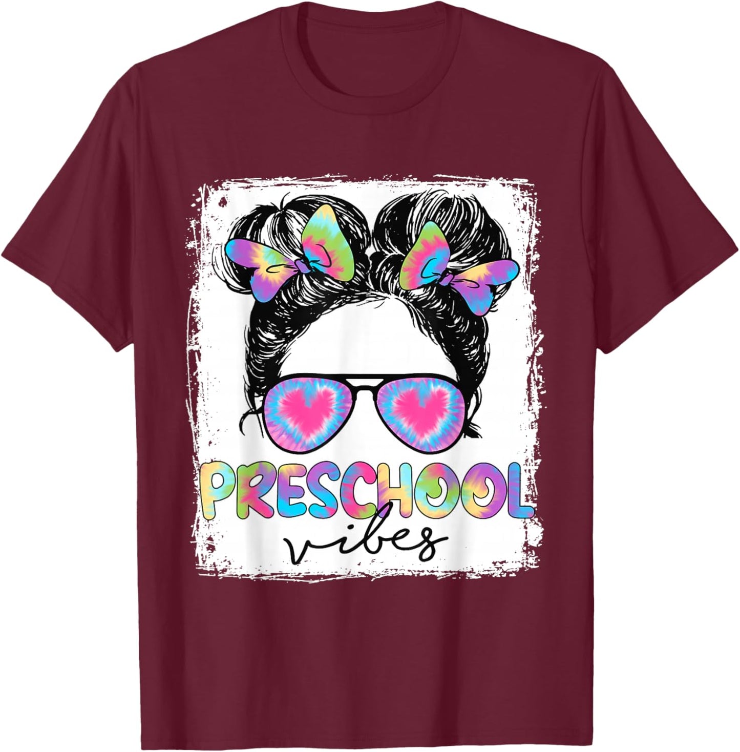 Preschool Vibes Messy Hair Bun Girl Back To School First Day T-Shirt - T-Shirt | Maroon